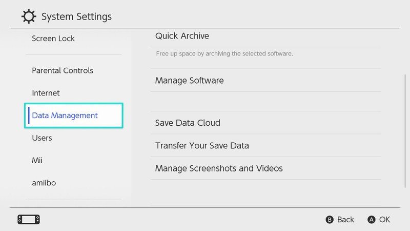 How to Delete All Screenshots and Videos from System Memory on the Nintendo Switch: Select Data Management from the menu