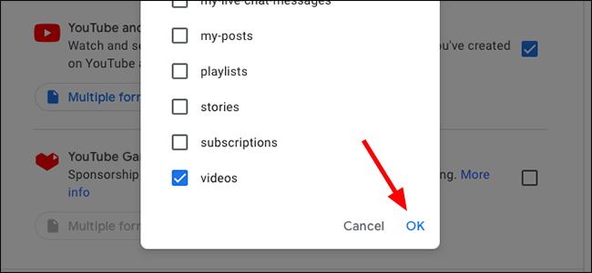Google Takeout OK button