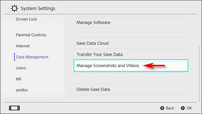 On the switch "Data management," Select "Manage screen shots and videos."