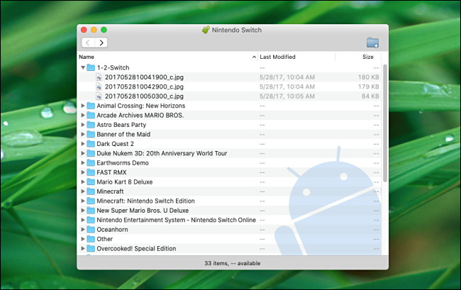 List of switch screen shots and videos sorted by folder found on Android file transfer on Mac.