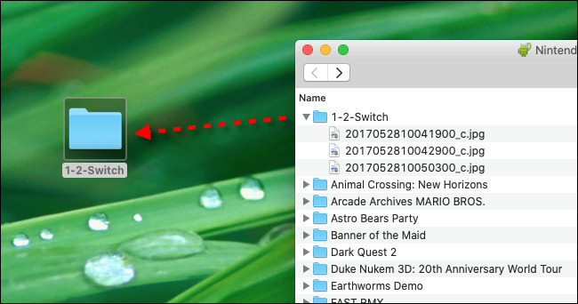 Drag and drop Nintendo Switch screenshot files from Android file transfer to your Mac desktop.