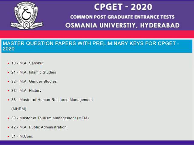 TS CPGET Answer Key 2020 Published by Osmania University, Download Telangana CPGET Answer Key at tscpget.com
