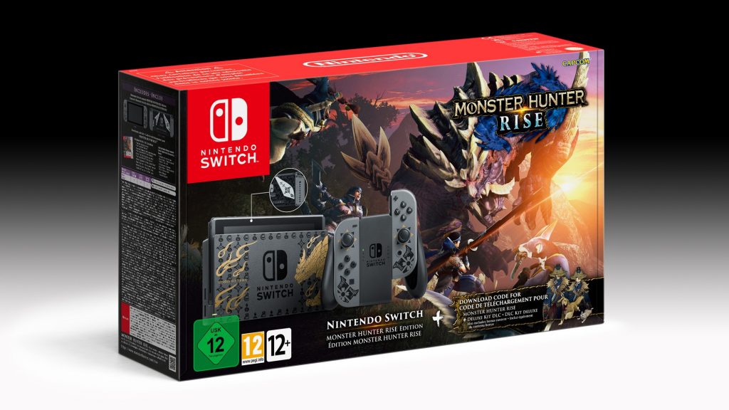 Includes a Nintendo Switch and a Monster Hunter Rice themed Pro controller