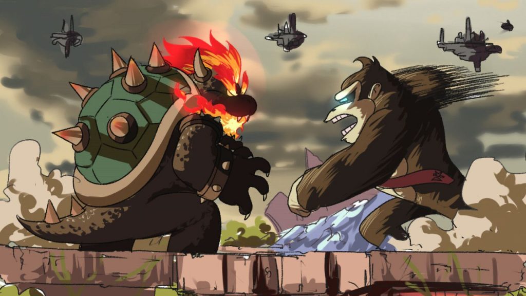 Bowser and Tonking face off in a mash-up of a Nintendo fan