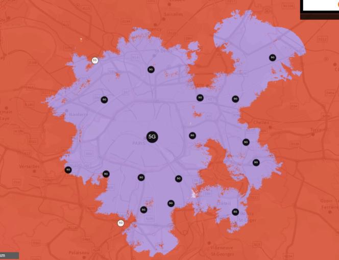 5G coverage in purple, Ile-de-France.  Medium-sized cities such as Charles, Poliso or Saint-Germain-en-Lay are forgotten.