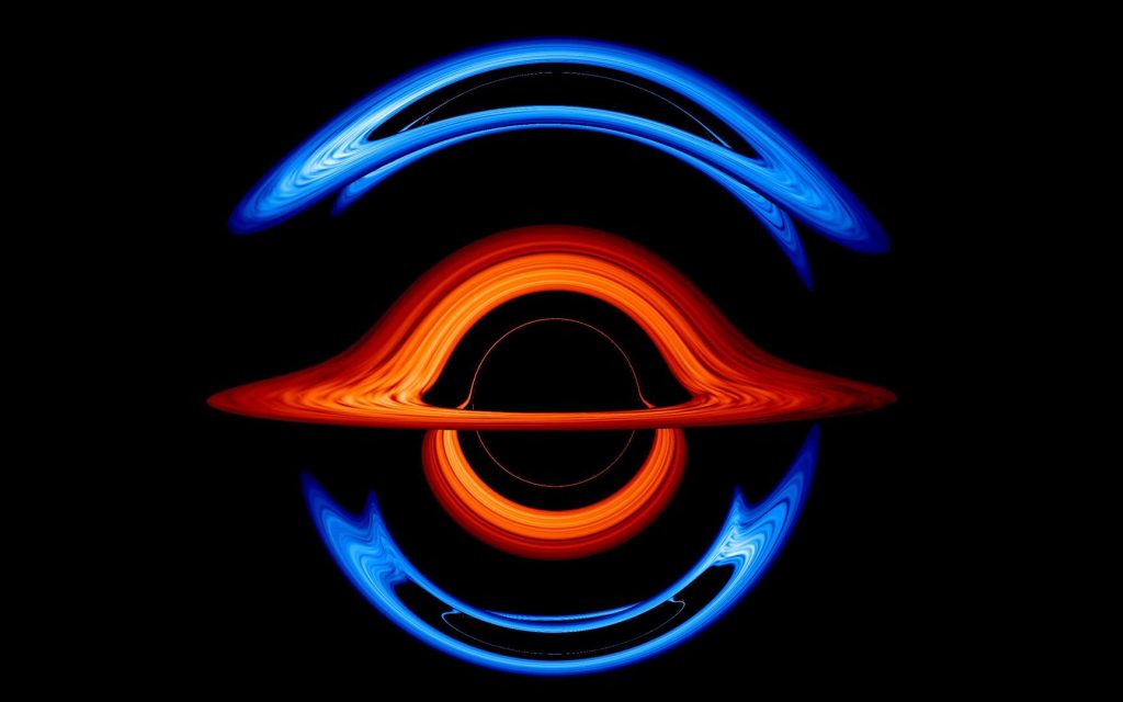 Sur cette image issue d'une simulation, un trou noir supermassif pesant 200 millions de masses solaires se trouve au premier plan. Sa gravité déforme la lumière du disque d'accrétion d'un petit trou noir compagnon presque directement derrière lui, créant cette vue surréaliste. Différentes couleurs pour les disques d'accrétion facilitent le suivi des contributions de chacun des trous noirs. © Centre de vol spatial Goddard de la Nasa, Jeremy Schnittman et Brian P. Powell