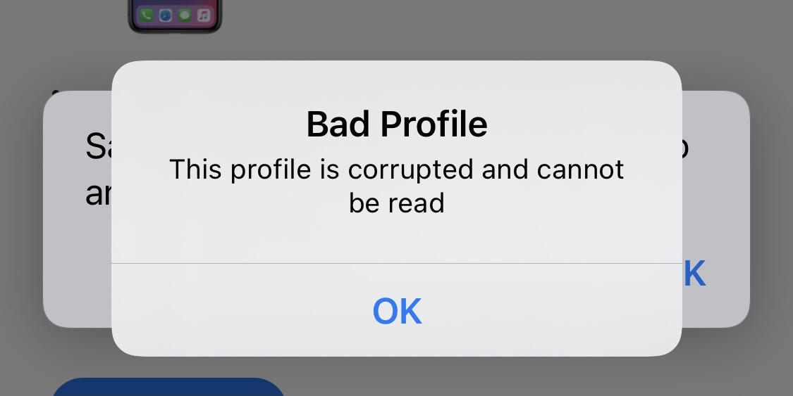 Bad profile error message ios 14.5 Beta6