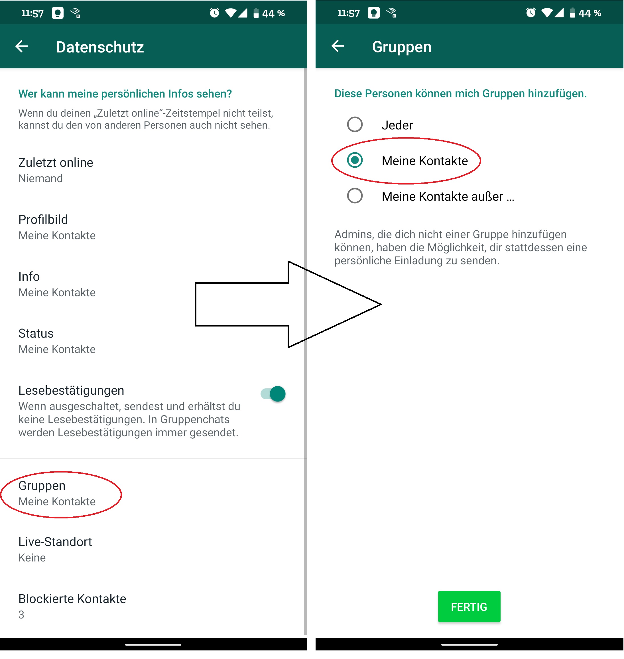 Screen Shots: How to set up so that not everyone can add you to a WhatsApp group.  (Source: D-Online)