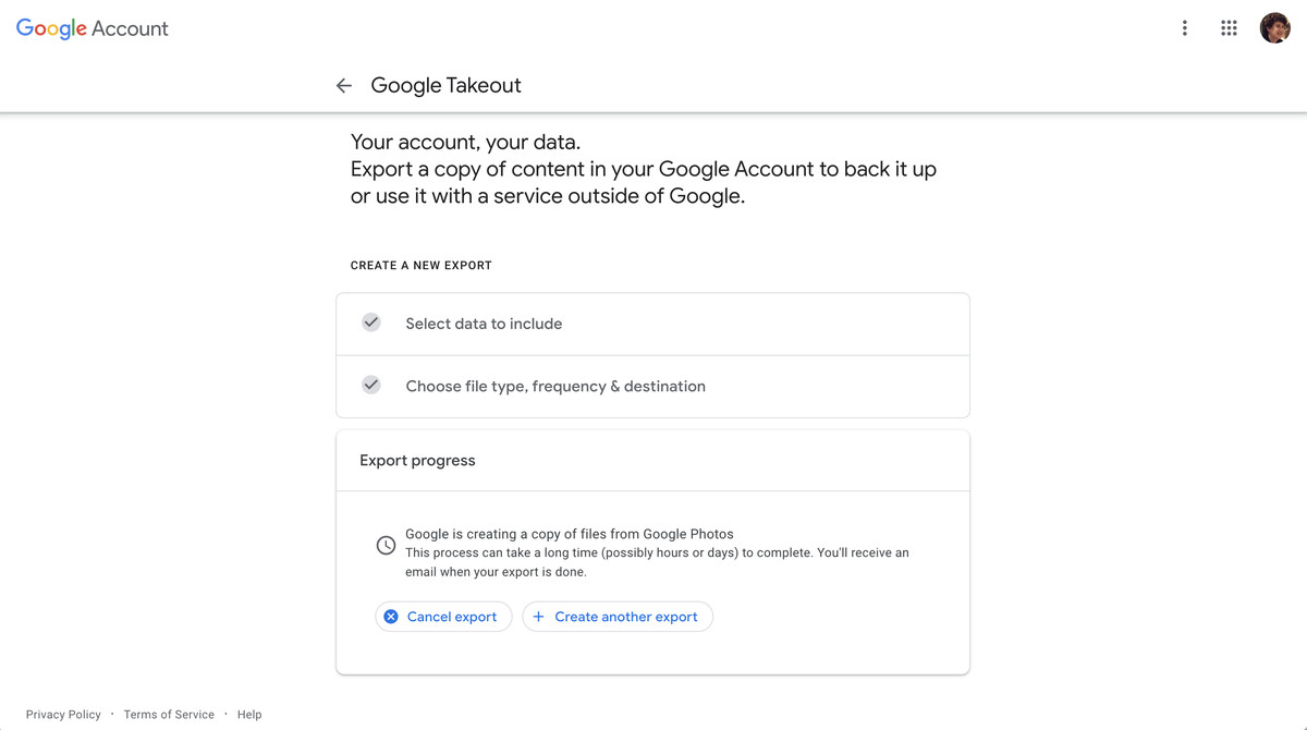 Google will warn you that it may take a while to get the link to your exported files.