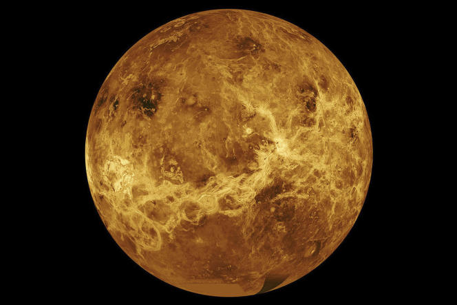 Image of the planet Venus taken with data from the Magellan spacecraft and the predecessor Venus Orbiter.