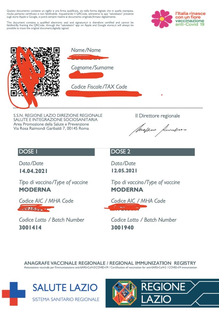 Vaccination Certificate of Lazio Region