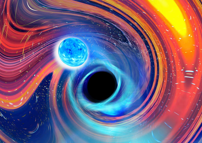 The artist's idea of ​​a dangerous vortex between a neutron star (in blue) and a black hole (in black).