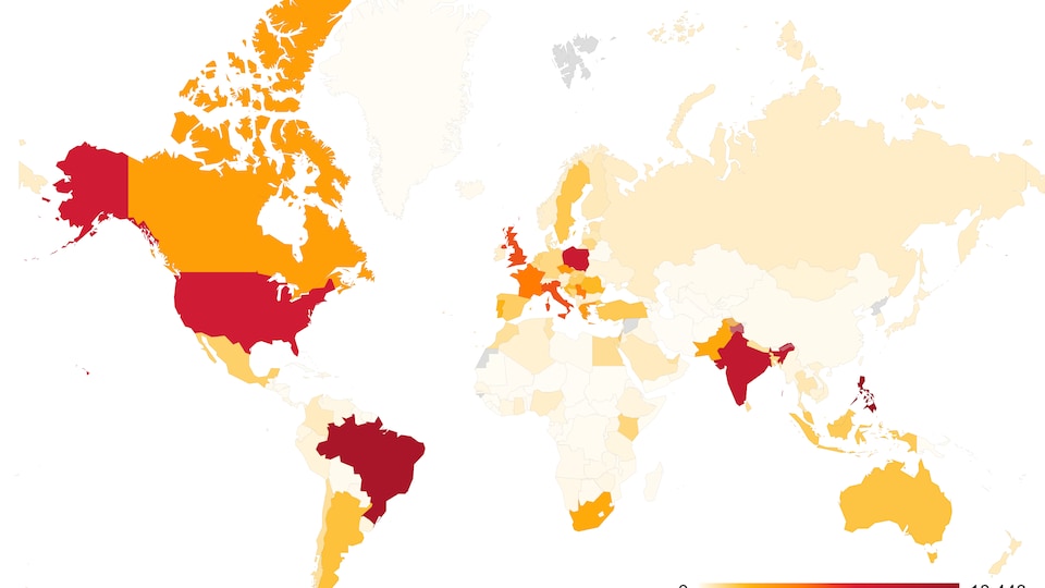 The world map shows countries in red and others in light orange and dark orange. 