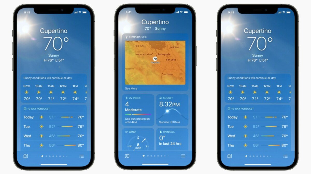 The new weather application shows more details than the previous one