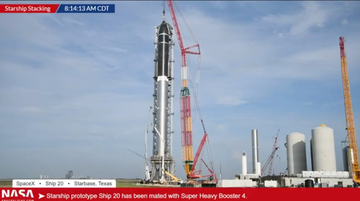 SpaceX has, for the first time, stacked its entire spacecraft launch site at almost 400 feet