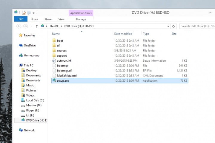 Screen to open Windows 10 Installer with Setup.exe file