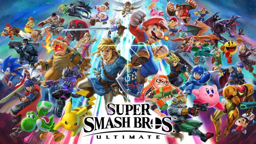 Das Cover zu Super Smash Bros. Ultimate mit vielen Figuren, darunter Mario und Link.