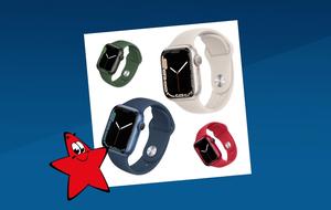 Four Apple Watch Series 7 smartwatches in black, green, white and red.