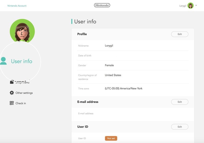 Connect a Nintendo Network ID to a Nintendo Account by selecting User Info on the left side of the screen