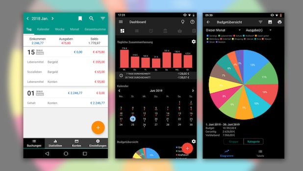 Cash Manager (left) and Bluecoins (middle, right) bring all the important functions to the smartphone.