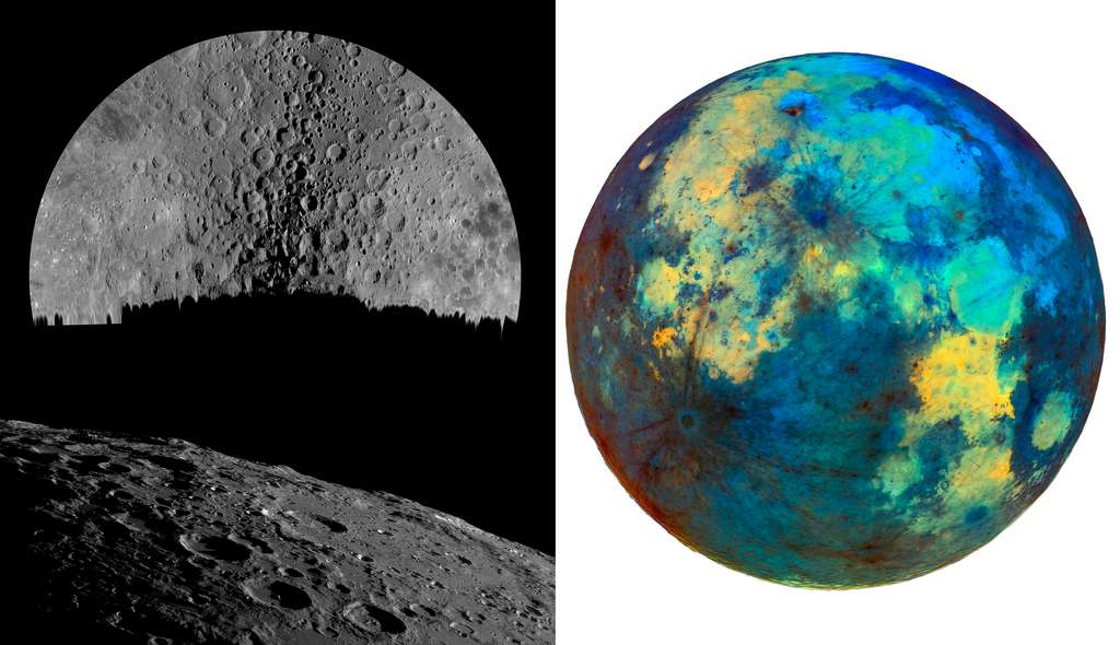 Although the lunar surface appears gray and monochromatic, it contains colors hidden on Earth due to different minerals.  These colors are too faint to be seen by the naked eye, but digital images allow astrophotographers to enhance the colors and reveal another view of the Moon.  This image is an inversion of these colors, a unique look at our Moon.  It was purchased by Noah Kujawski (Lakeville, Minnesota, USA).  At the top left of the lunar mineral map is a composite of images of the lunar south pole made on two different dates (giving different views of the region).  This is one of the most detailed maps made by amateurs of this part of the Moon, which is very difficult to observe from Earth.  The film was produced by Tom Glenn (San Diego, CA, USA).  The lower left image shows the craters and mountains of the lunar south pole, including Bailey Crater (with a recognizable basin) on the right.  Below Bailey are the Bettinus, Kircher, and Wilson craters.  Image purchased by Andrea Vanoni (Porto Mantovano, Lombardy, Italy).