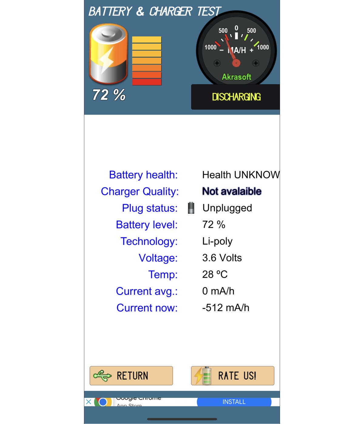 Battery charge and test app shows internal sensor temperature